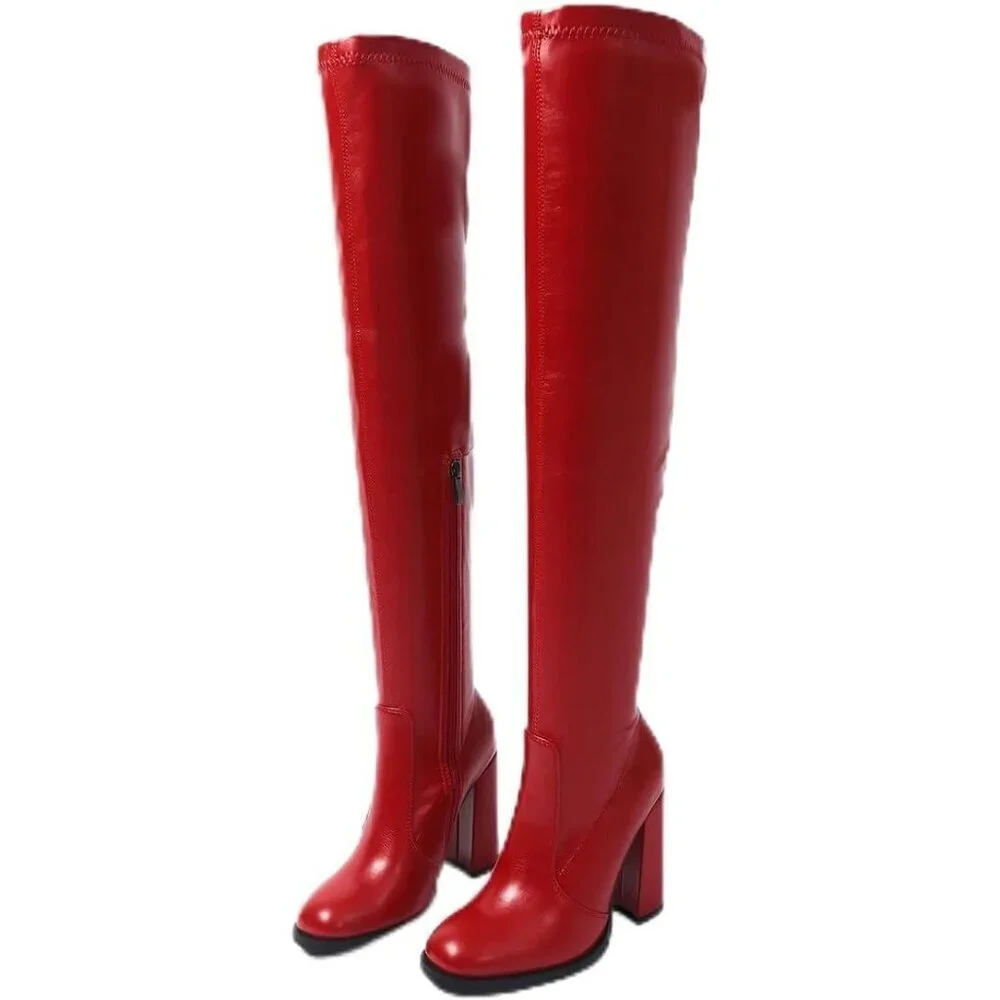 Women's Red Thigh High Over The Knee Leather Heels Long Sexy Round Toe Boots